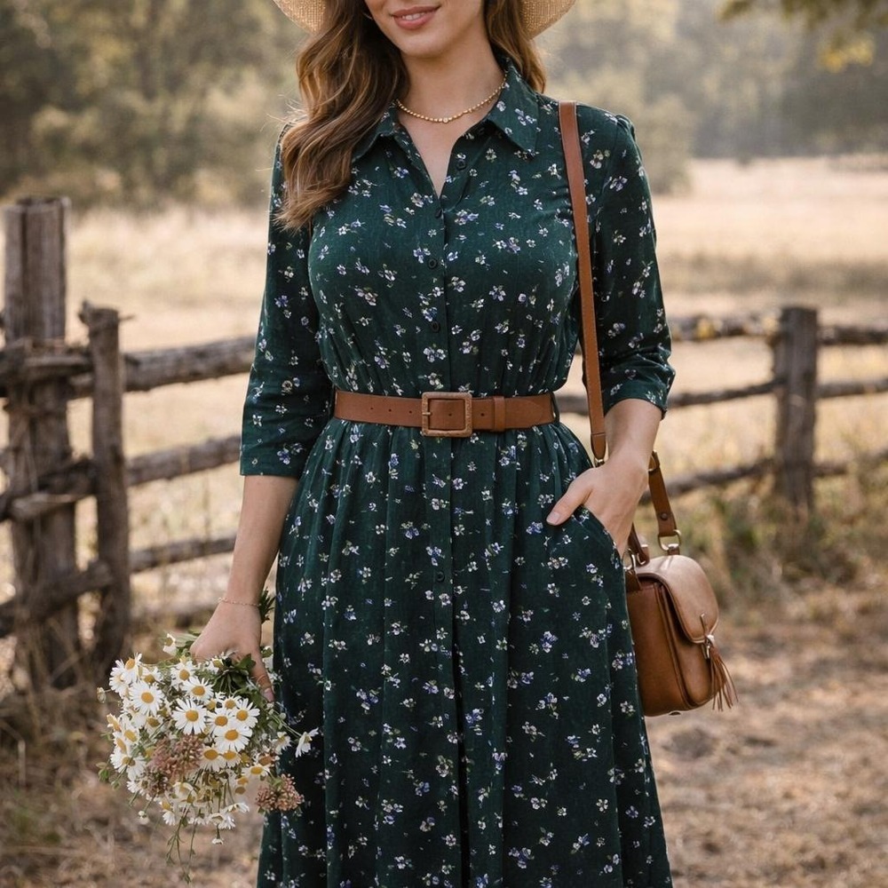 Vermont Country Store Green Corduroy Floral Button Front Shirt Dress Pockets S